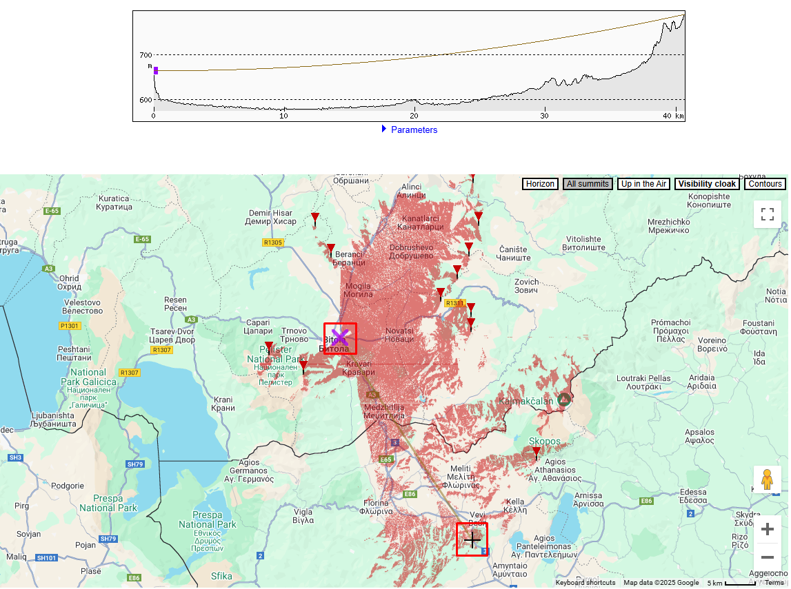 Output from HeyWhatsThat with the two locations marked