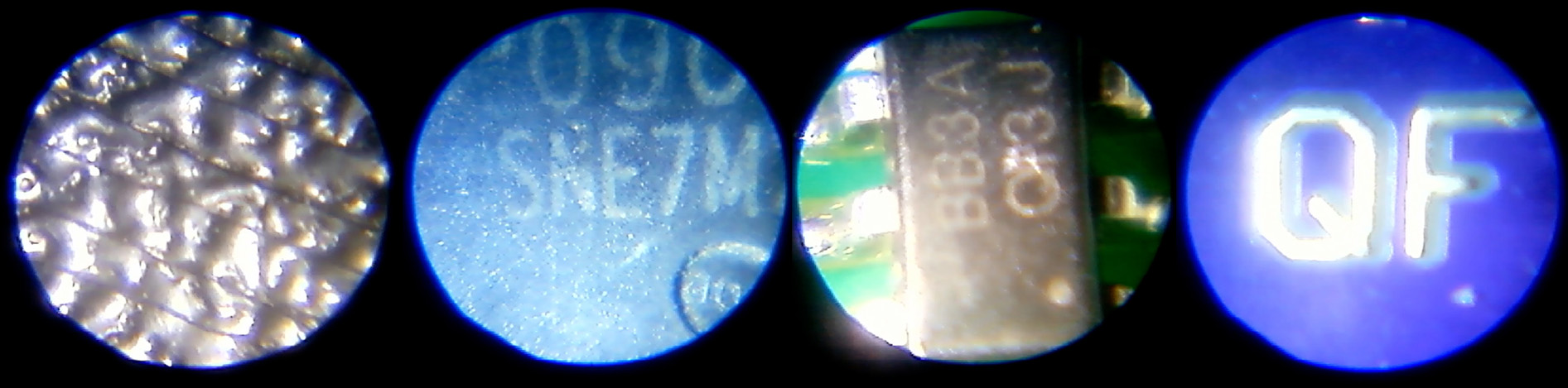 From left to right: 3D print lines on first layer, chip number from a BMS MOSFET, chip number from small SOT-23 component, solder mask alignment on PCB